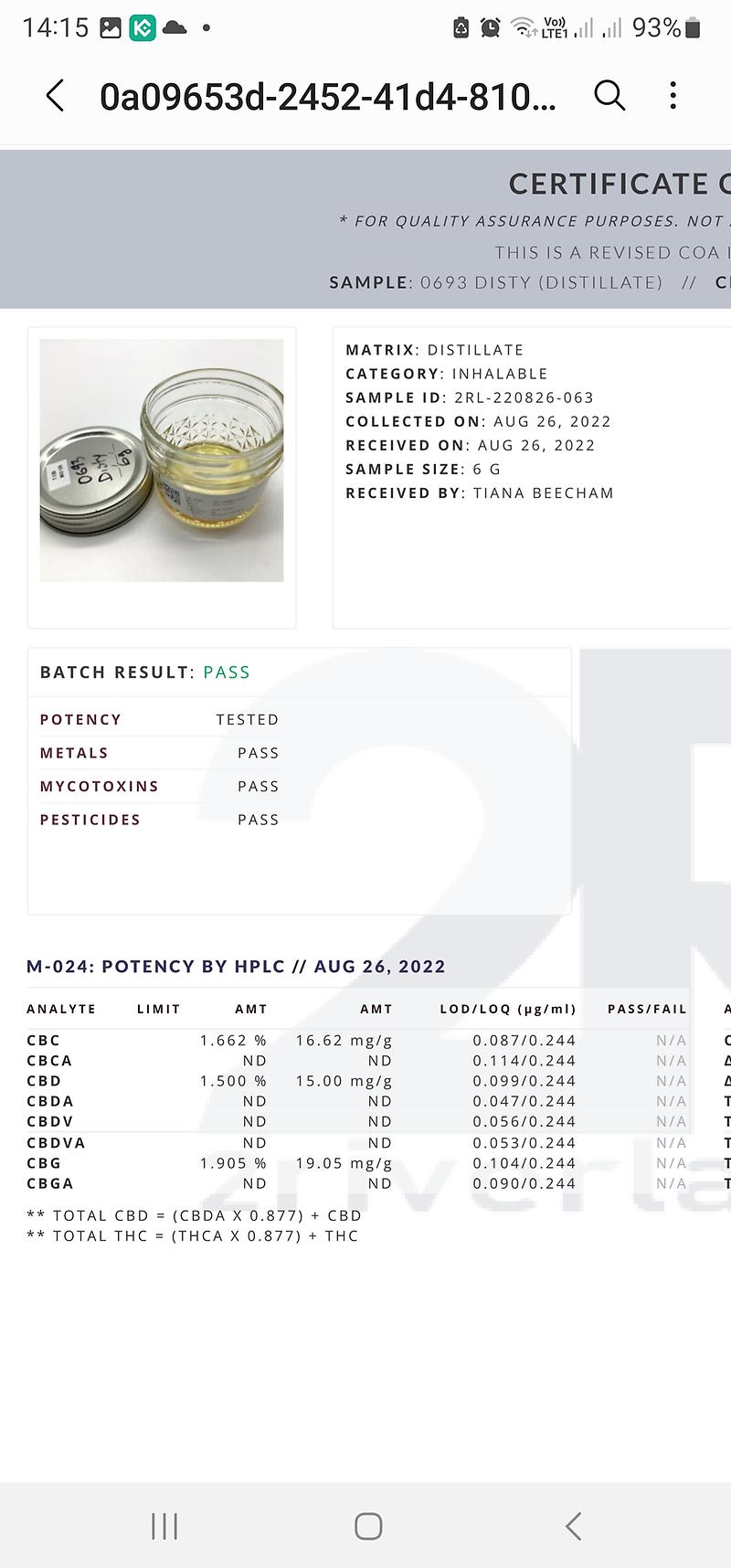 PREMIUM 95% BIRTHDAYCAKE DISTILLATE 1ML 510 THREAD CART